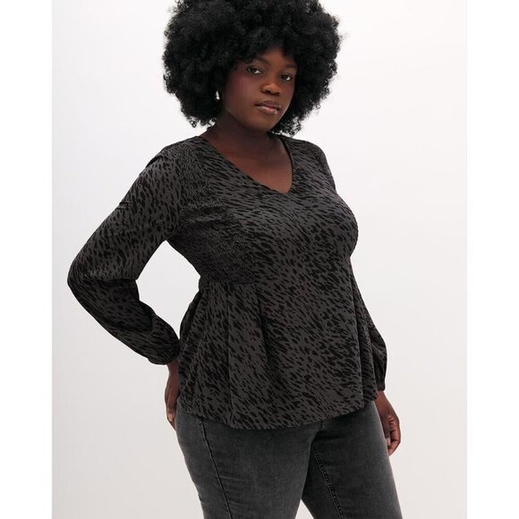 Womens Plus 2X Fit and Flare Blouse Smocked Side Gray Thunderstorm Printed - Picture 2 of 11